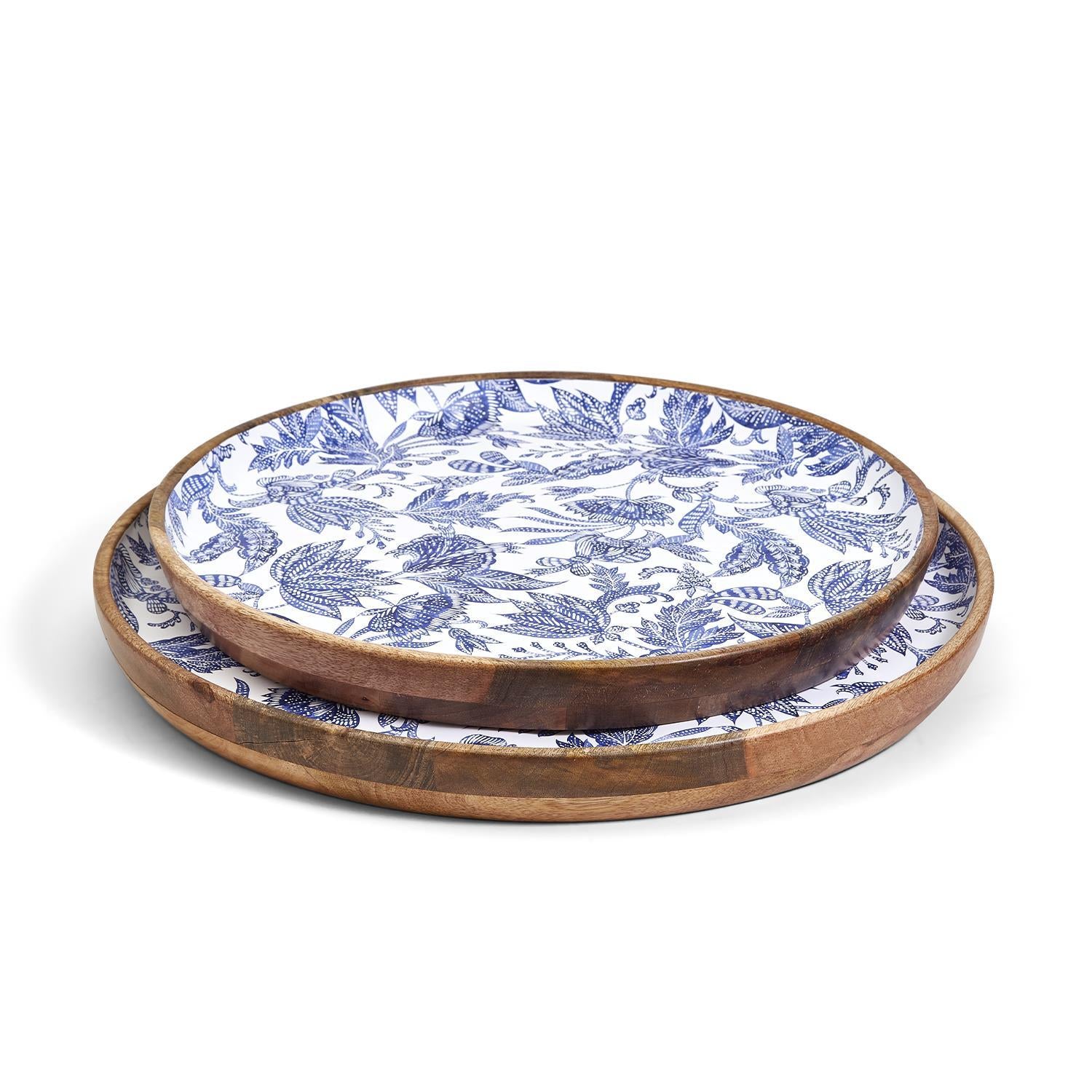 Two's Company Blue Batik S/2 Hand-Crafted Wood Round Trays