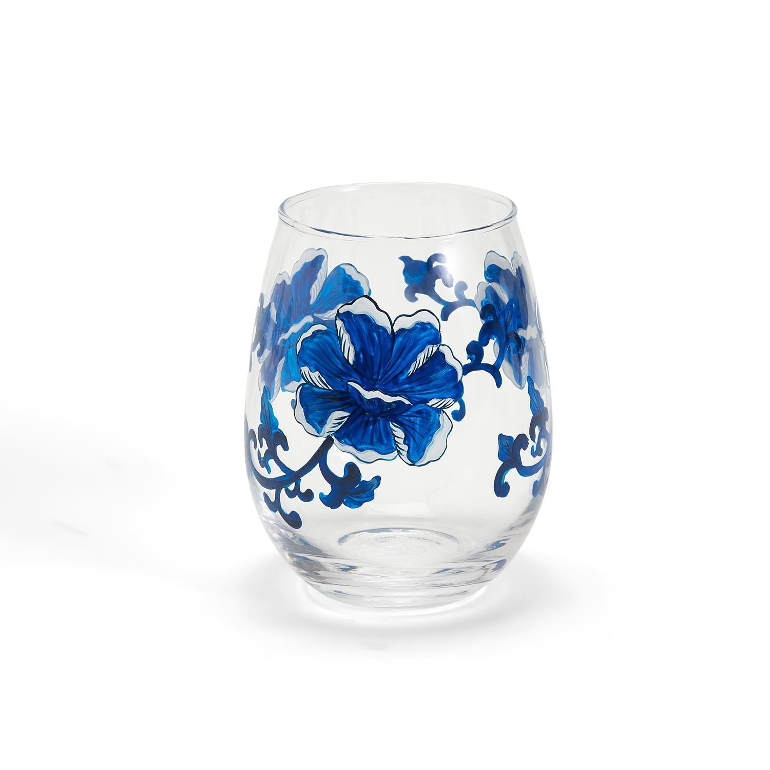Two's Company S/4 Chinoserie Hand-Painted Stemless Wine Glass