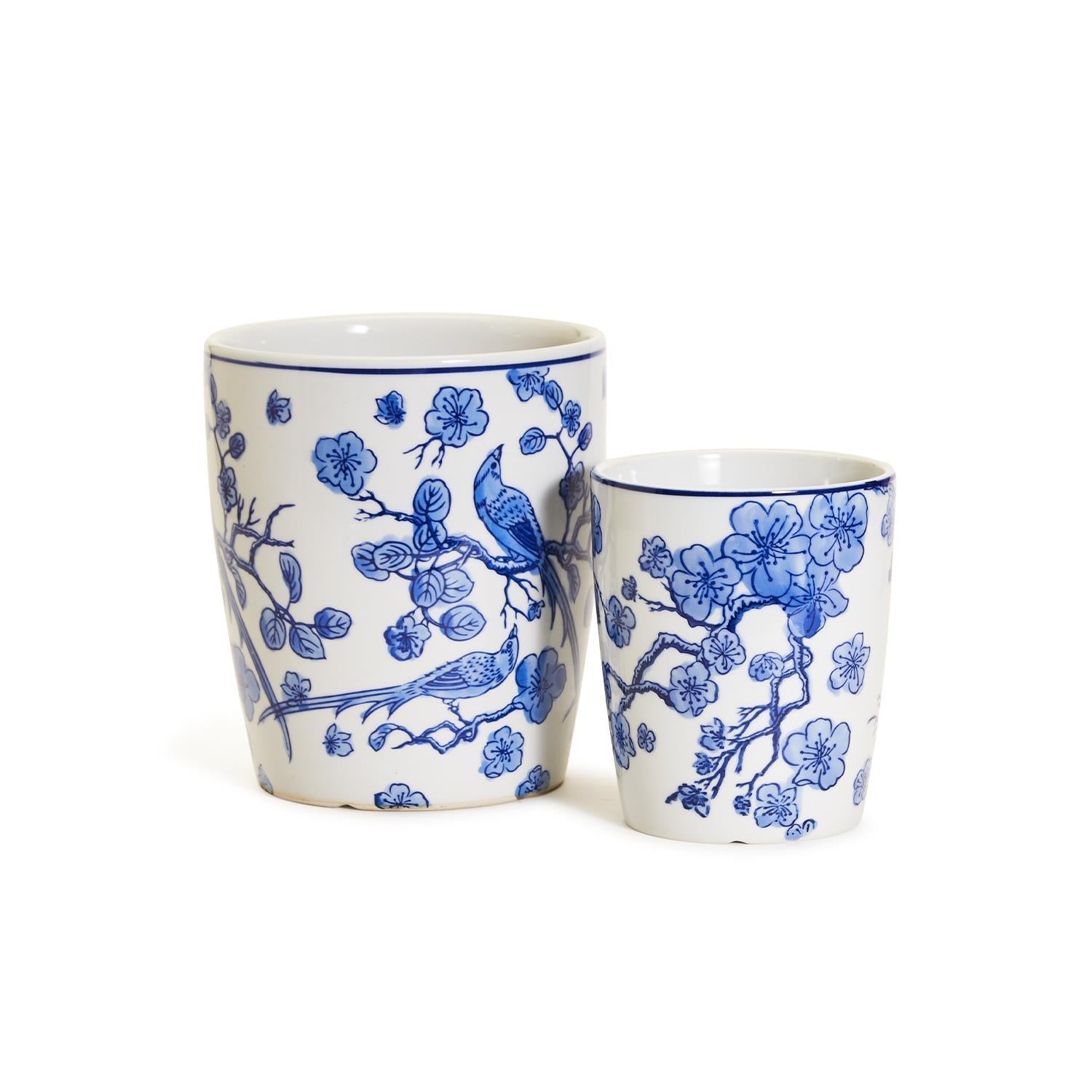Two's Company S/2 Blue Blossom Bird Hand Painted Planters