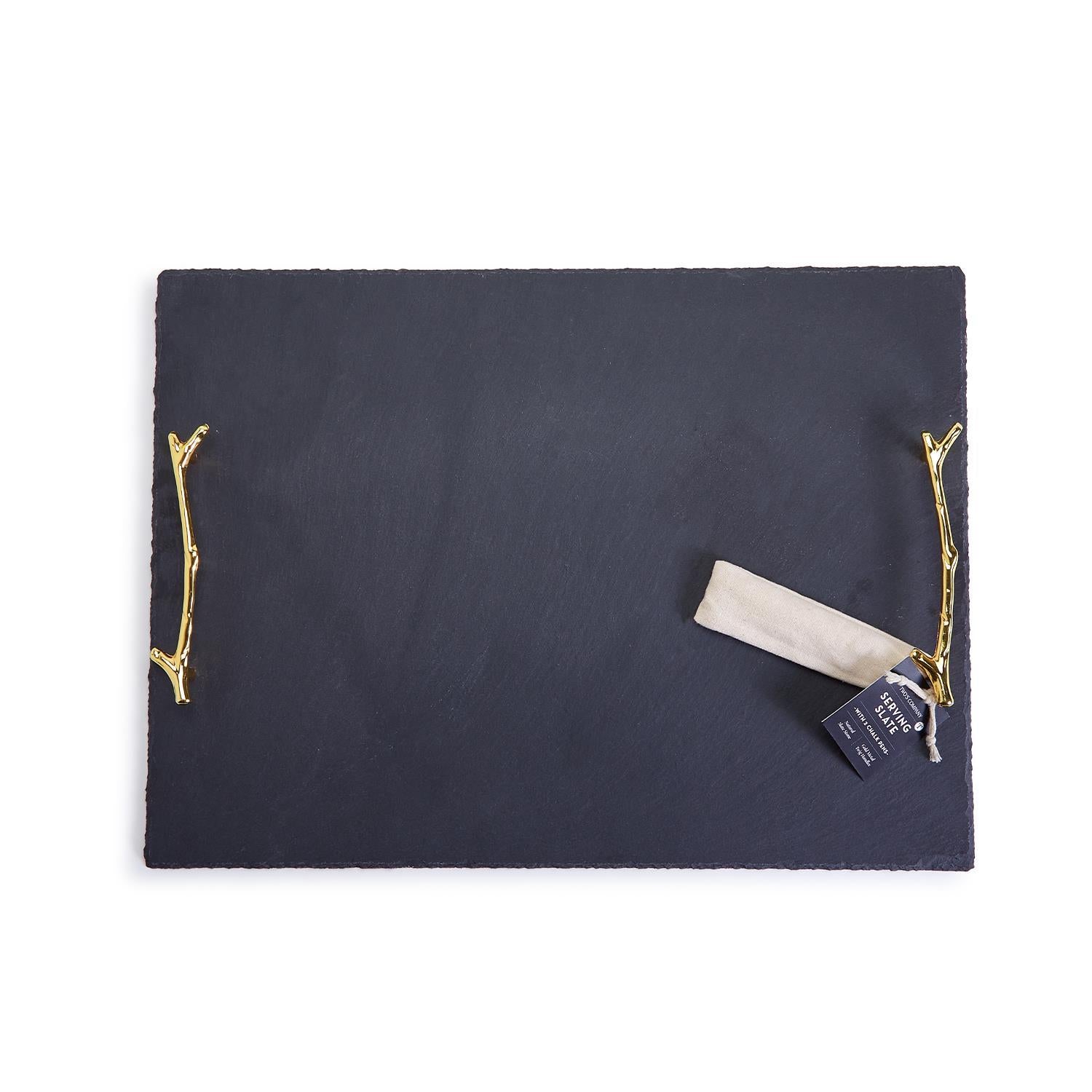 Two's Company Natural Slate Tray with Gold Twig Handles and 2 Chalk Pens