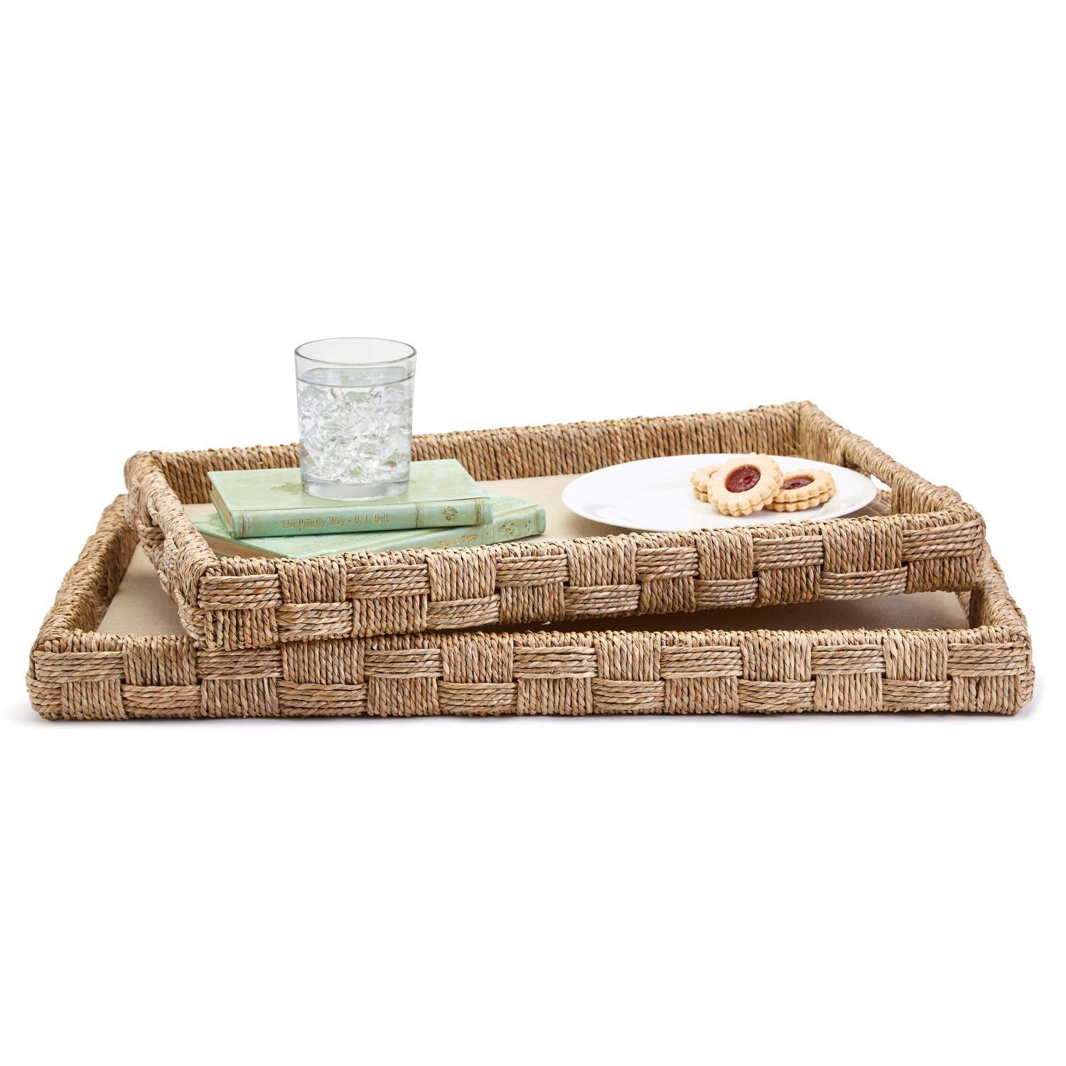 Two's Company S/2 Hand-Crafted Sea Grass and Rattan Oversized Decorative Square Trays