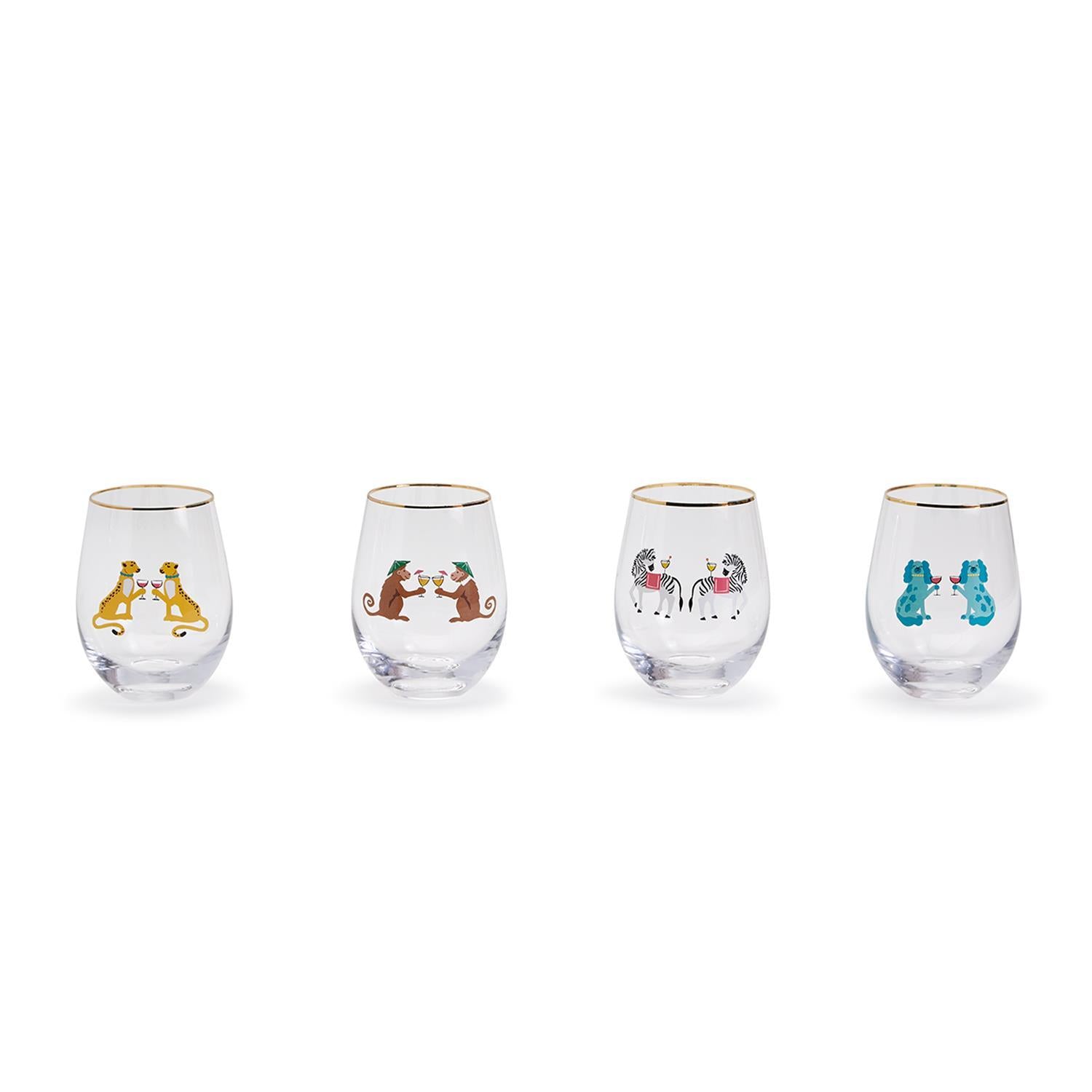 Two's Company Animal Party S/4 Stemless Wine Glasses