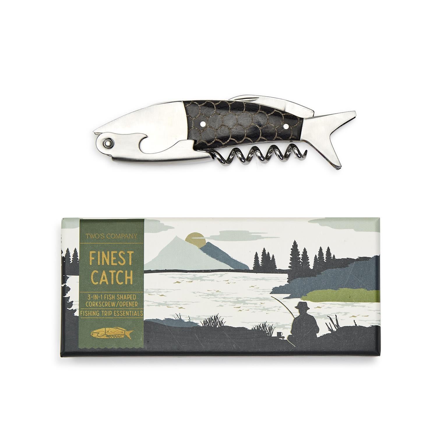 Two's Company Finest Catch 3-in-1 Bottle Tool Opener in Gift Box Includes: Bottle Opener, Corkscrew, Knife