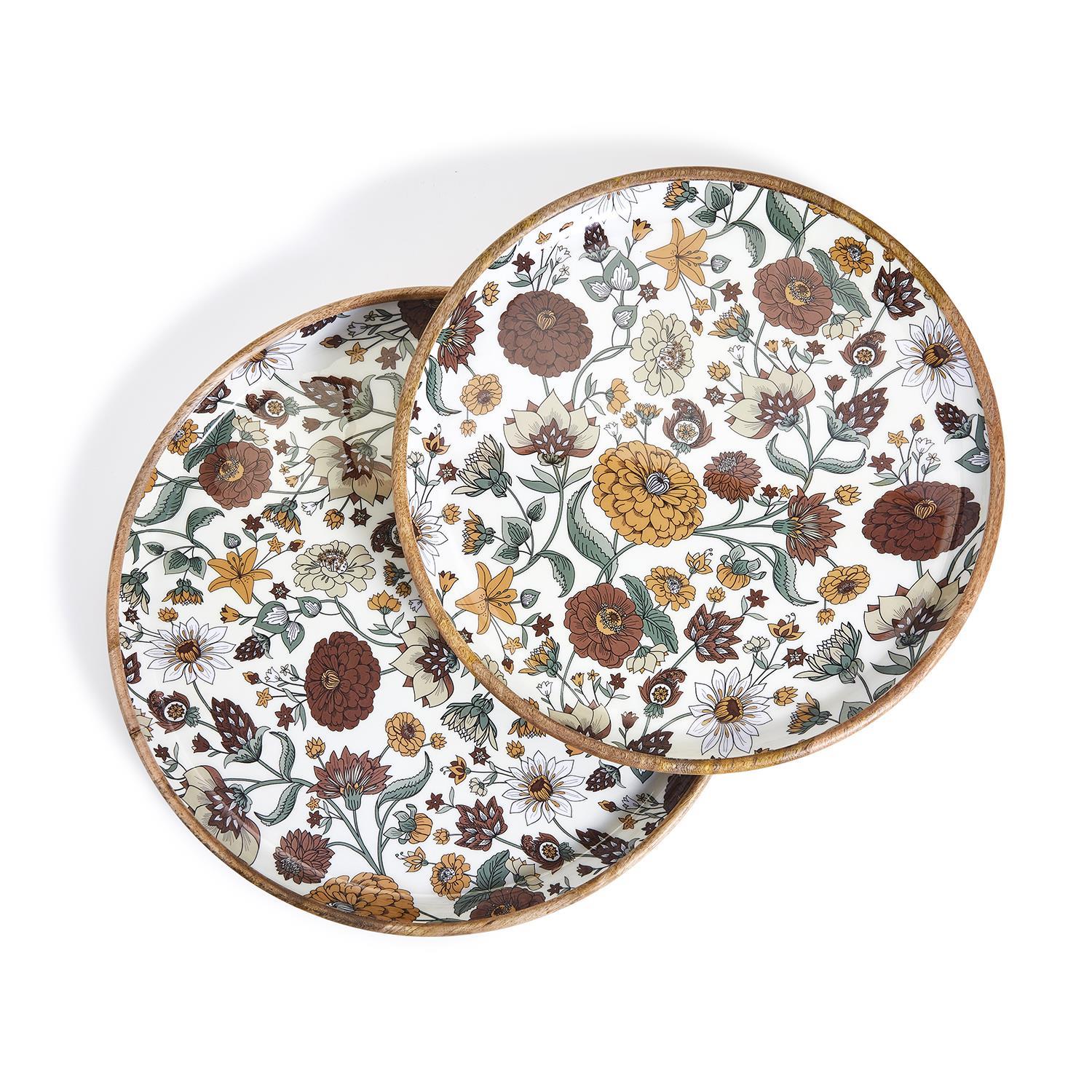 Two's Company Naturally Floral Set of 2 Hand-Crafted Wood Round Trays