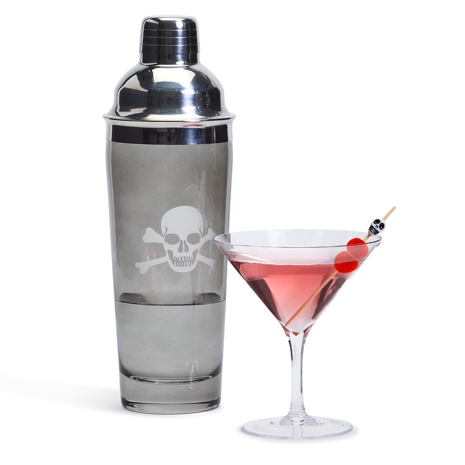 Two's Company Skull & Bones Smoke Glass Cocktail Shaker w/ 20 Skull Picks