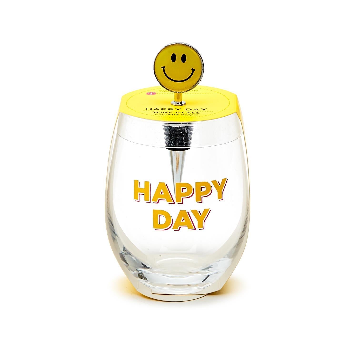 Happy Day Stemless Wine Glass with Smile Face Wine Stopper