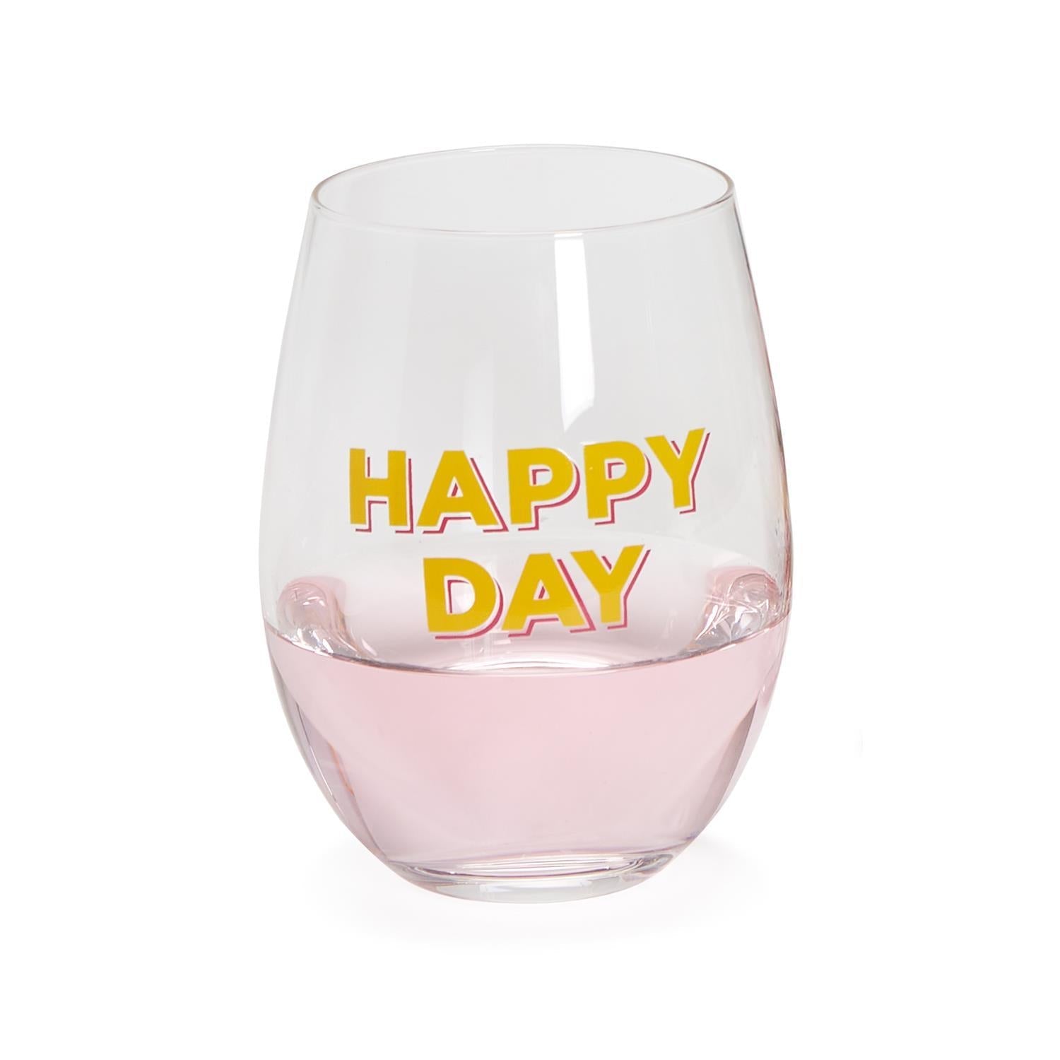 Happy Day Stemless Wine Glass with Smile Face Wine Stopper