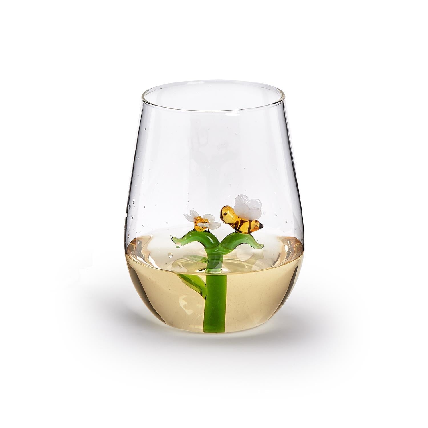 Bee and Flower Stemless Wine Glass