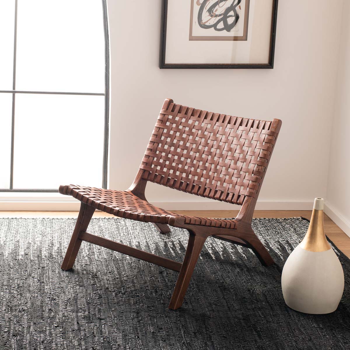 Safavieh Luna Leather Woven Accent Chair , ACH1002 - Cognac Leather/Brown