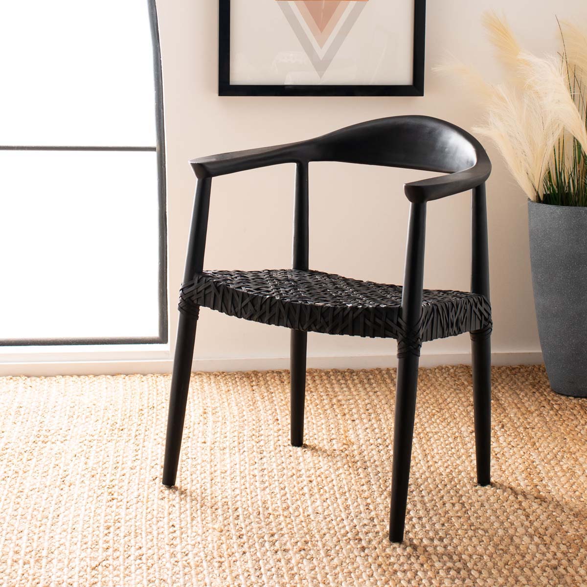 Safavieh Juneau Leather Woven Accent Chair , ACH1003 - Black Mindi Wood/Black Leather
