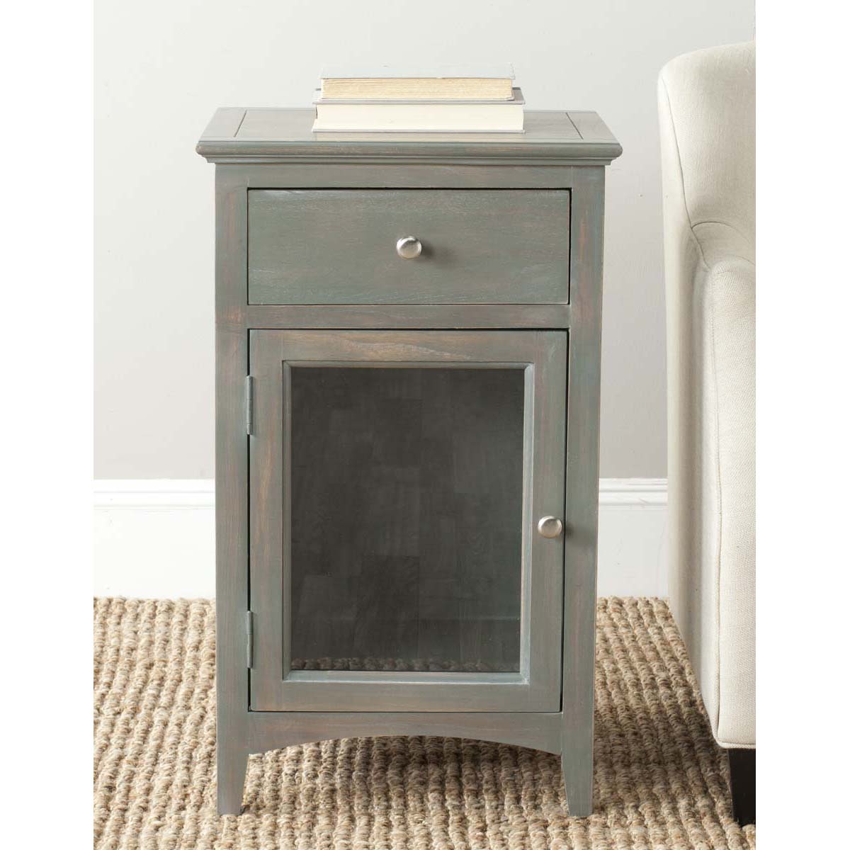 Safavieh Ziva One Drawer Nightstand With Glass Cabinet , AMH6630 - Ash Grey