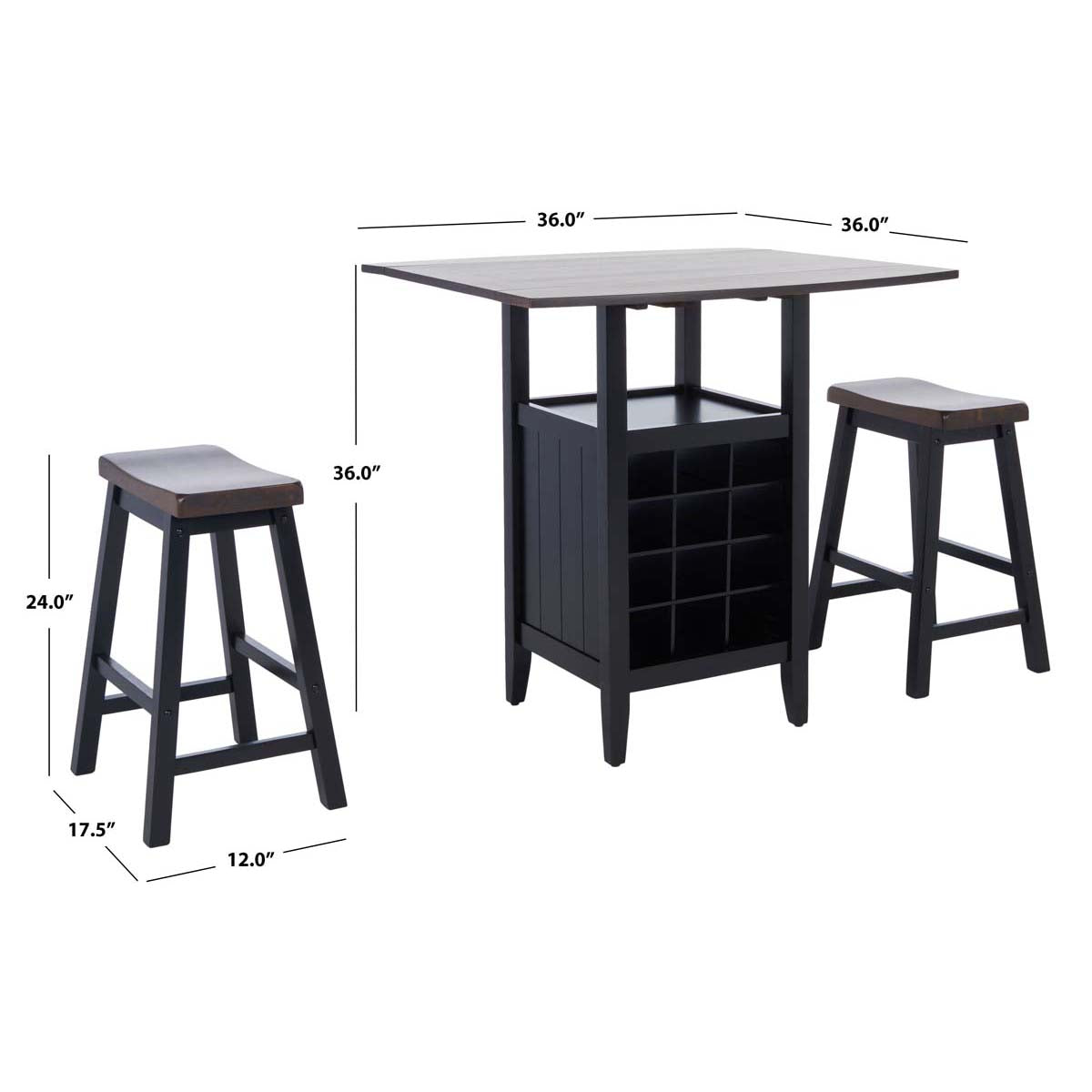 Safavieh  Emeric 3 Pc Set Drop Leaf Pub Table, AMH8504 - Dark Espresso / Black