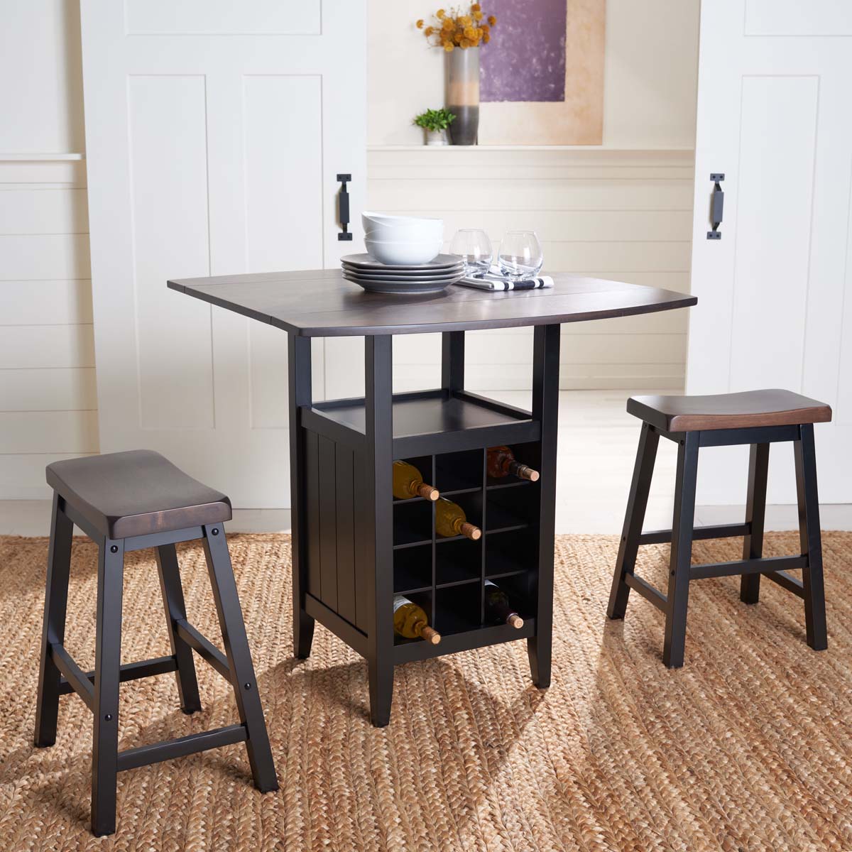 Safavieh  Emeric 3 Pc Set Drop Leaf Pub Table, AMH8504 - Dark Espresso / Black