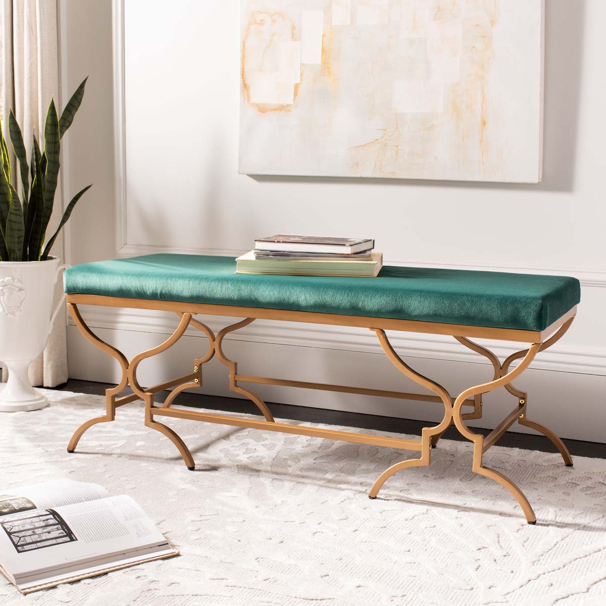 Safavieh Juliet Rectangular Bench , BCH6203 - Emerald Velvet/Gold