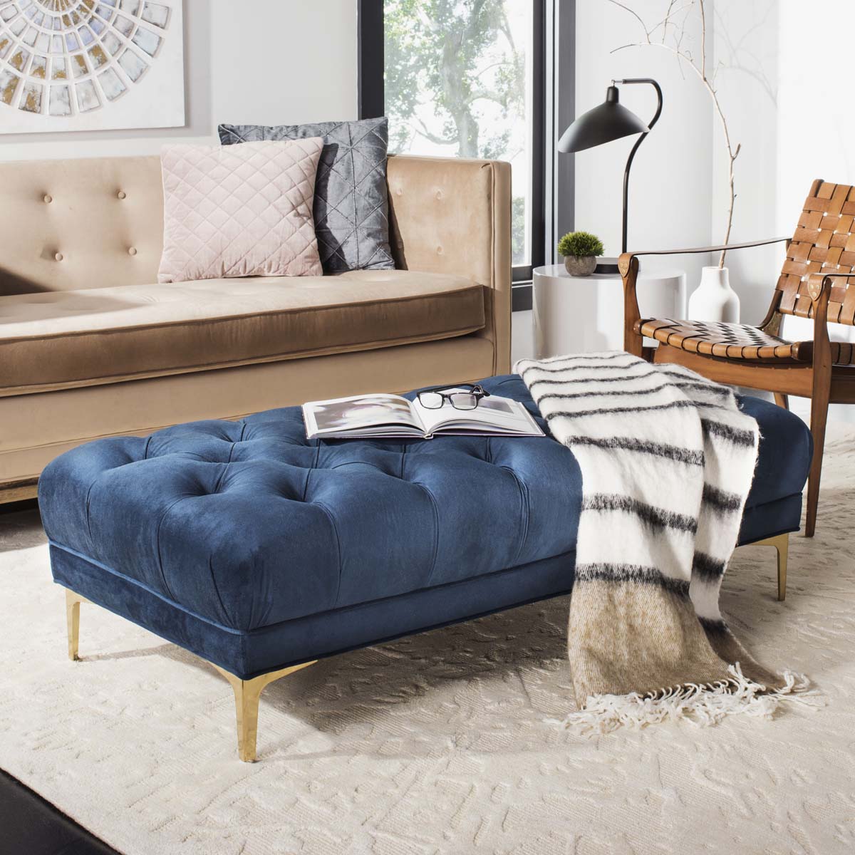 Safavieh Zarya Tufted Rectangular Bench , BCH6300 - Navy Velvet/Brass