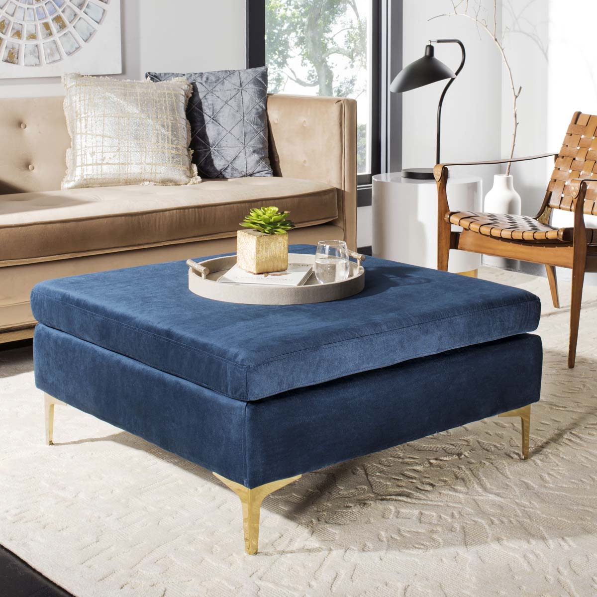 Safavieh Giovanna Square Ottoman , BCH6301 - Navy Velvet/Brass
