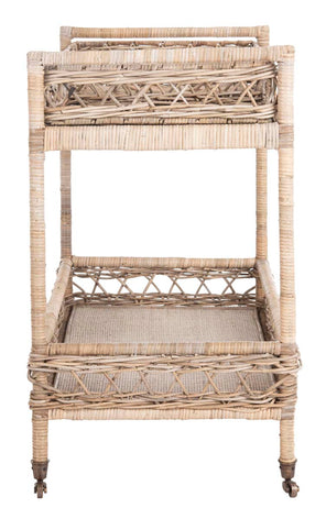 Safavieh Ambrose 2 Tier Rattan Bar Cart , BCT6500 - Grey Wash/Antique Brass Wheels