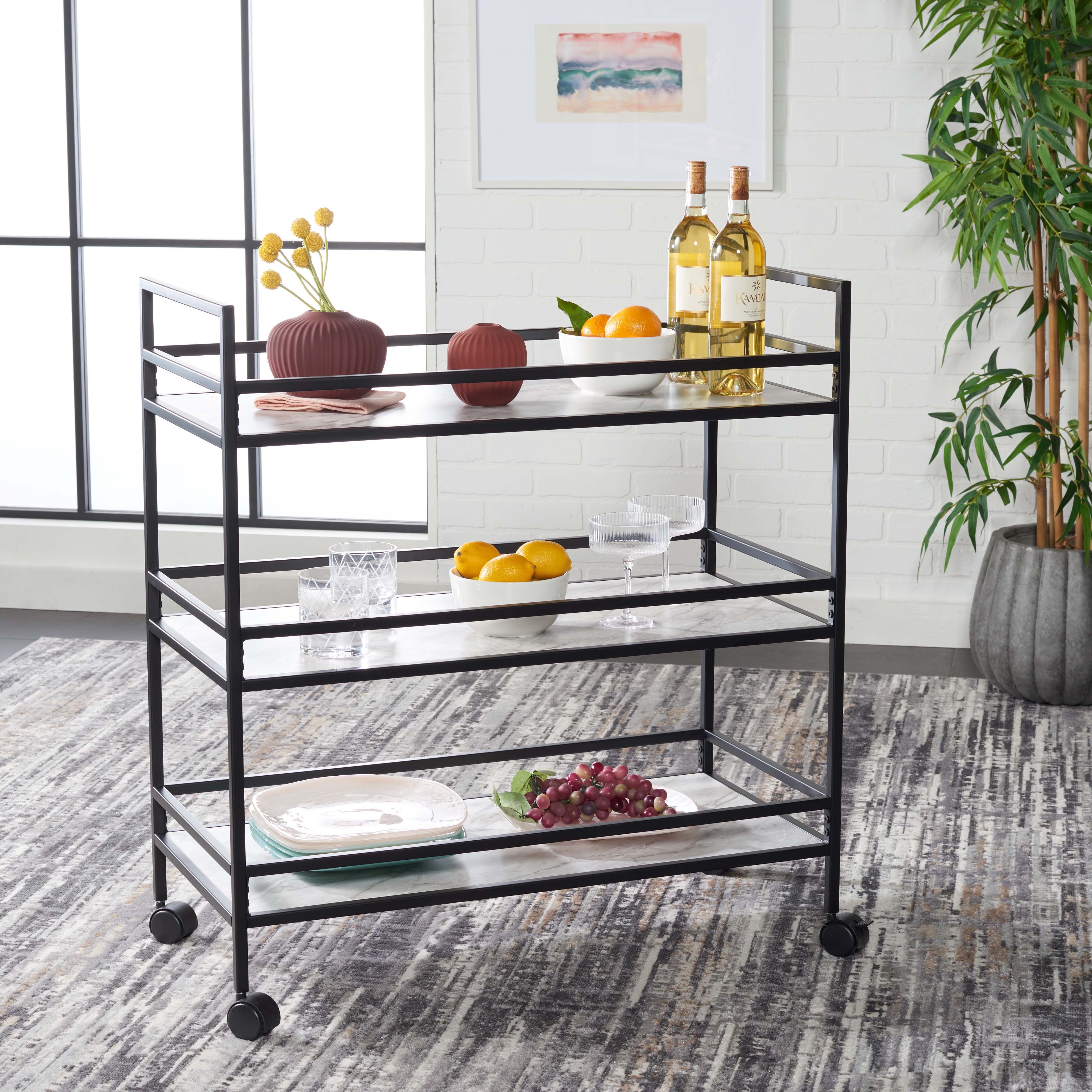 Safavieh Idria 3 Tier Bar Cart , BCT8010 - Matte Black / Marble