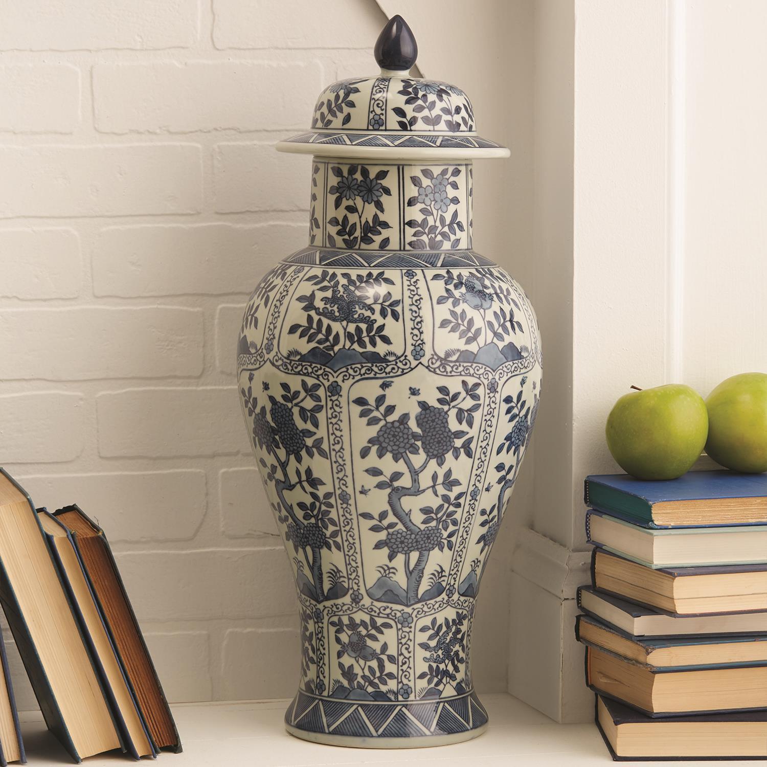 Two's Company Blue and White Chrysanthemum Flower Covered Temple Jar - Hand-Painted Porcelain