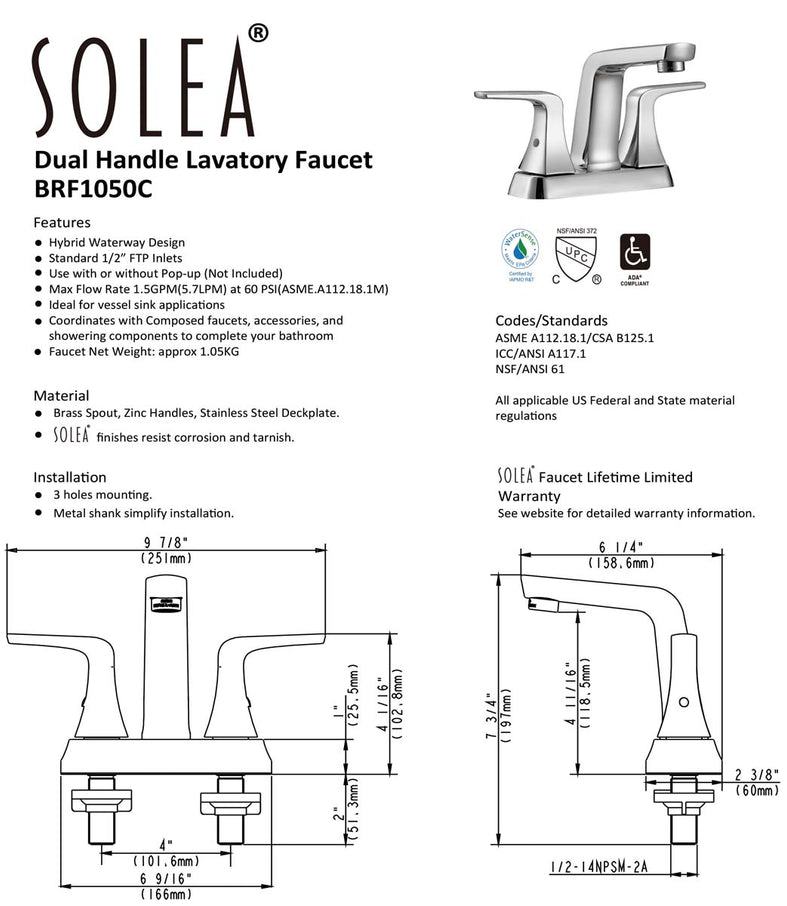 Solea Excel 4 Inch Centerset Dual Handle Stainless Steel 9.8 X 6.3 X 5.6 Bathroom Faucet - Chrome