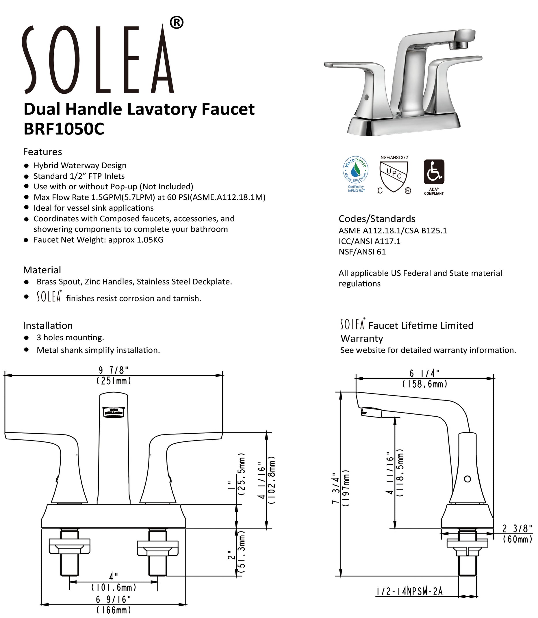 Solea Excel 4 Inch Centerset Dual Handle Stainless Steel 9.8 X 6.3 X 5.6 Bathroom Faucet - Chrome