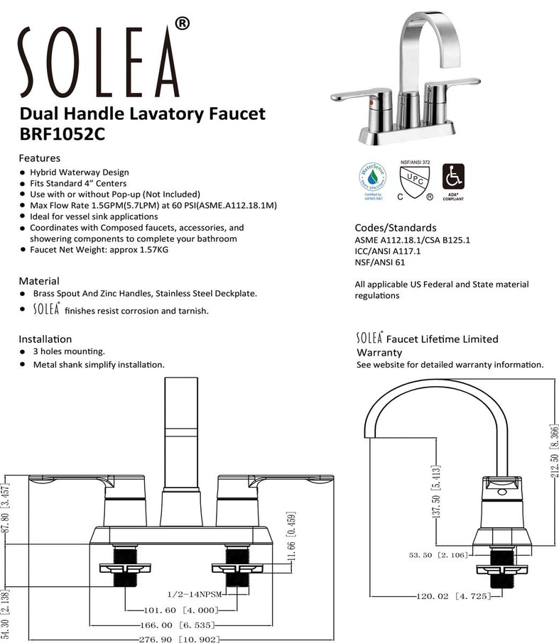 Solea Compose 4 Inch Centerset Dual Handle Stainless Steel 10.9X5.8X8.6 Bathroom Faucet - Chrome