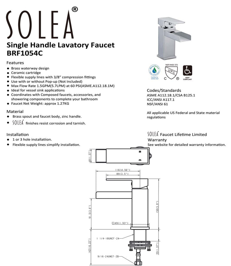 Solea Calm Single Handle 6 Inch Chrome 1.9X5.6X5.9 Bathroom Vessel Faucet - Chrome