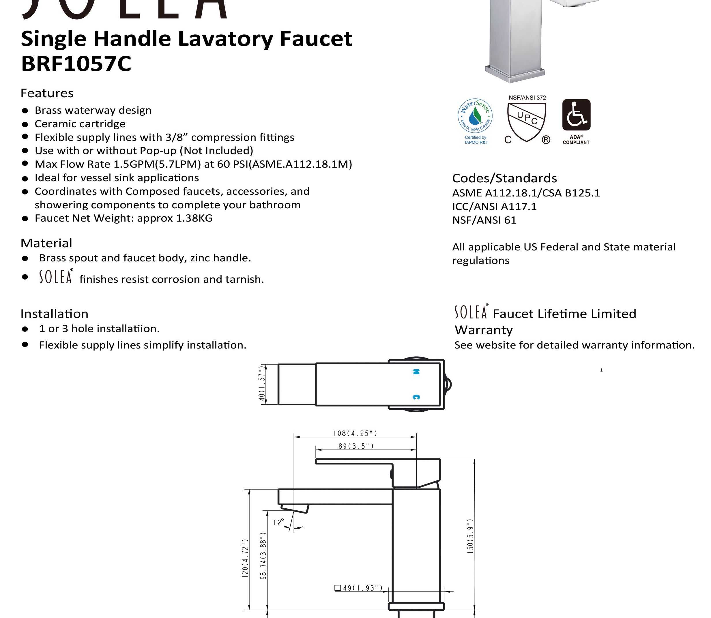 Solea Unity Single Handle 6 Inch Chrome 1.9X5.8X5.9 Bathroom Vessel Faucet
