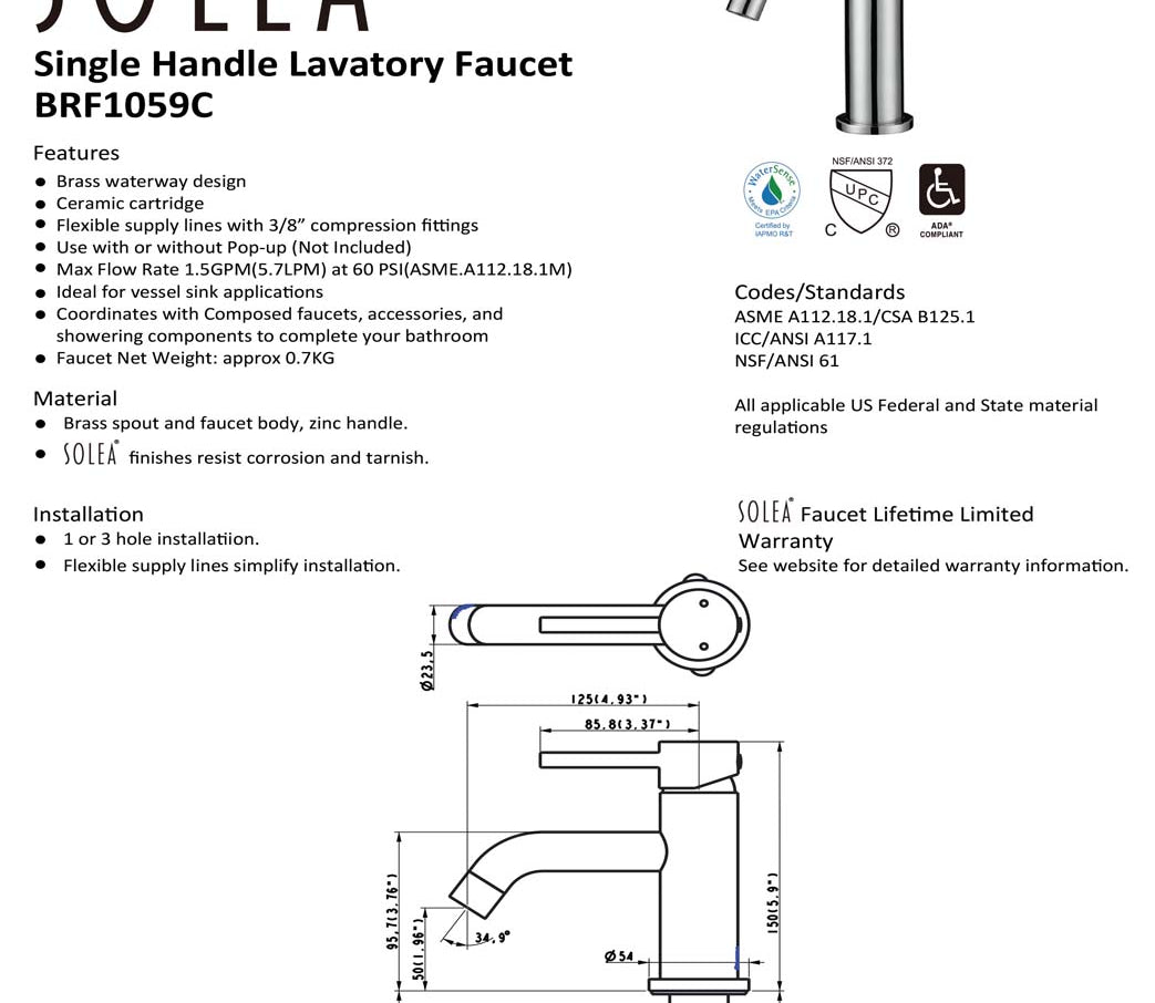 Solea Amity Single Handle 6 Inch Chrome 2.1X6.3X5.9 Bathroom Vessel Faucet