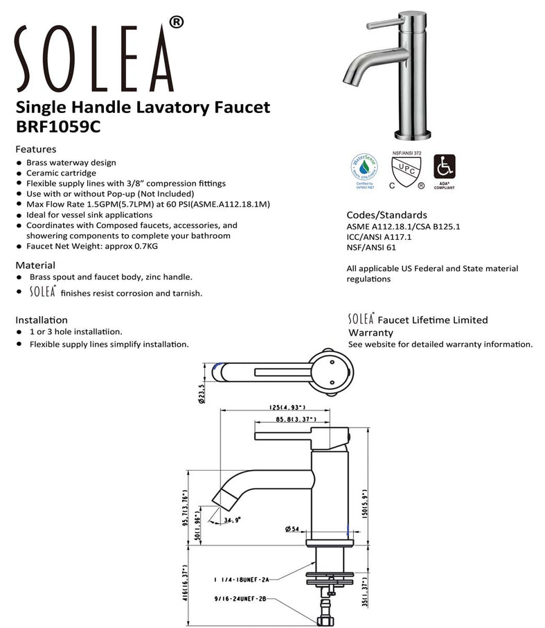Solea Amity Single Handle 6 Inch Chrome 2.1X6.3X5.9 Bathroom Vessel Faucet - Chrome