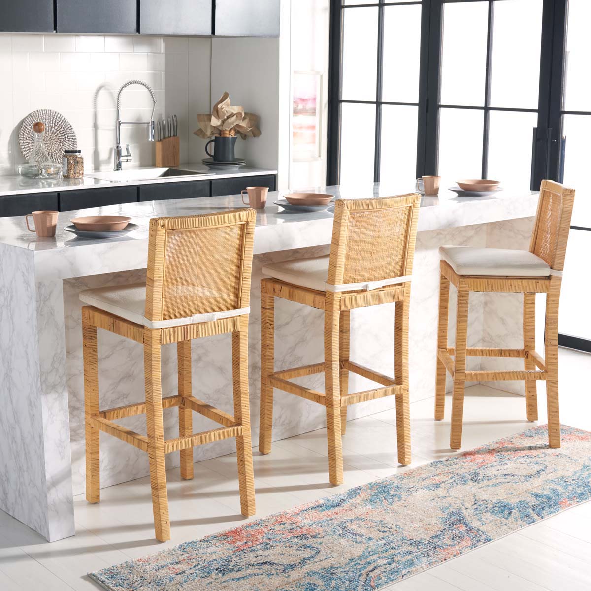 Safavieh Tojo Cane Bar Stool W/ Cushion , BST6503 - Natural / White