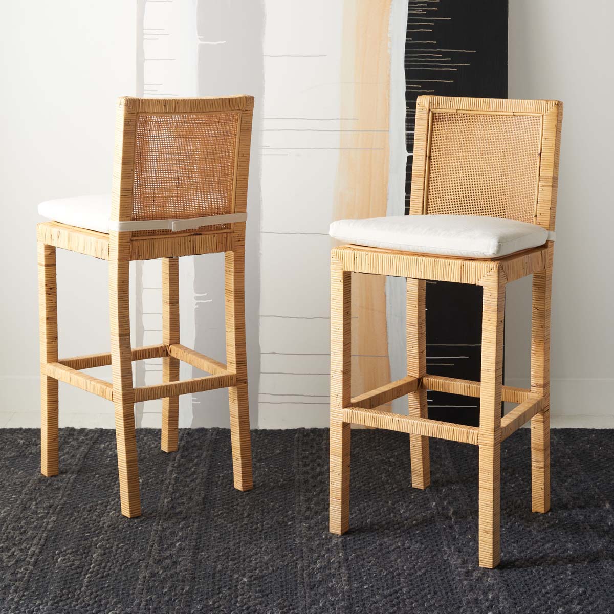 Safavieh Tojo Cane Bar Stool W/ Cushion , BST6503 - Natural / White