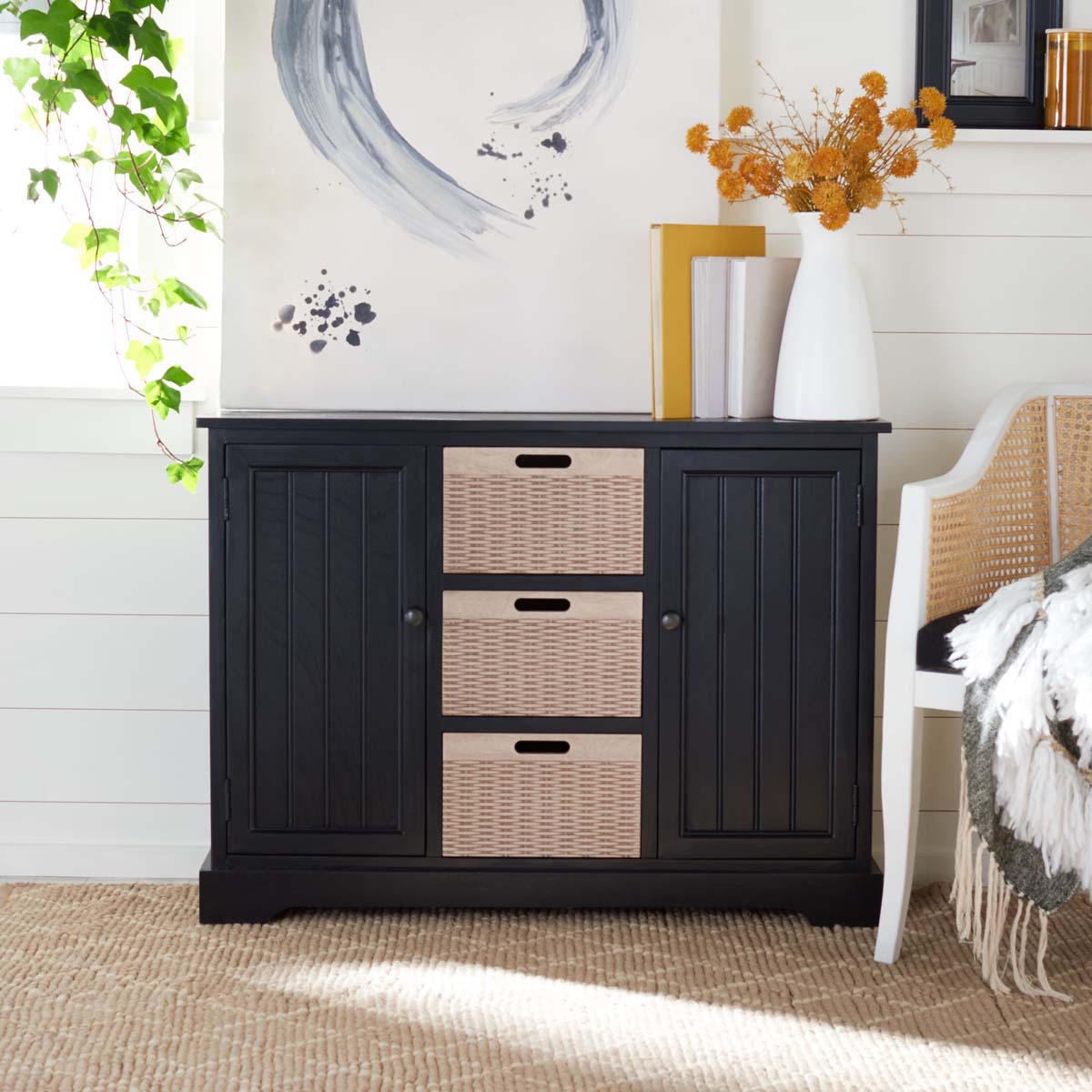 Safavieh Landers 2Dr & 3 Removable Baskets, CNS5736 - Black W/ Natural Baskets