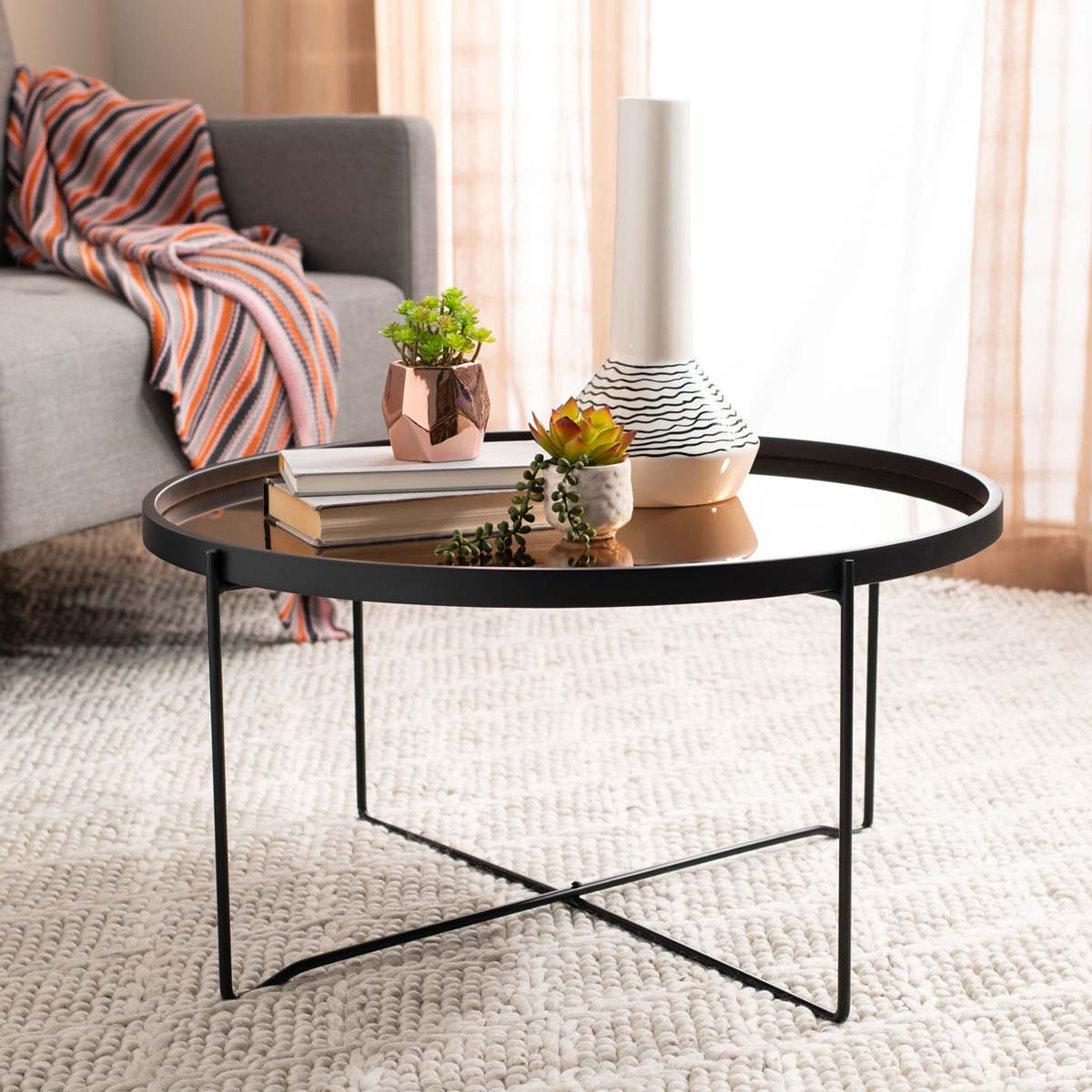 Safavieh Ruby Round Tray Top Coffee Table , COF4205 - Rose Gold/Black