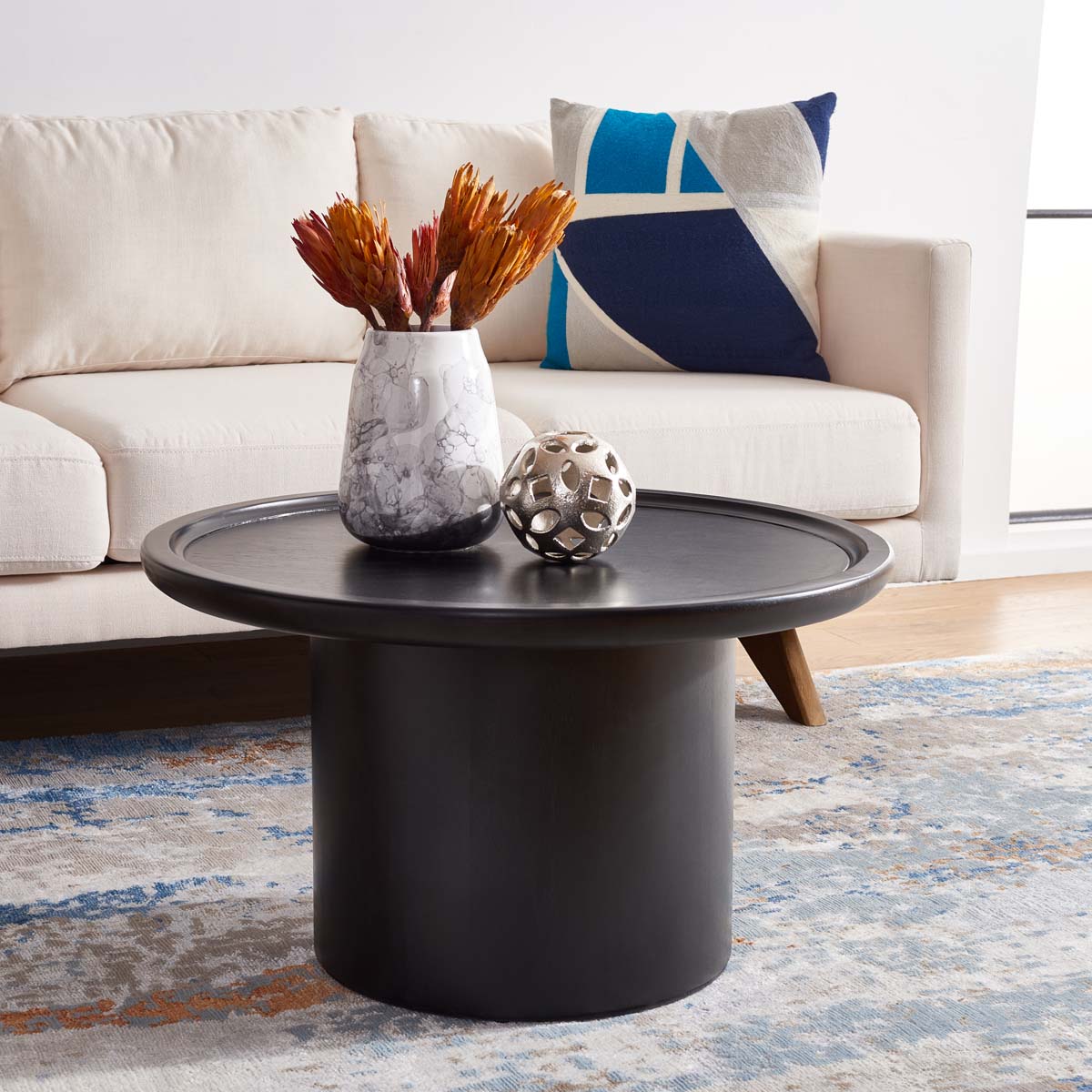 Safavieh Devin Round Pedestal Coffee Table , COF6600 - Black With White Wash Distressing