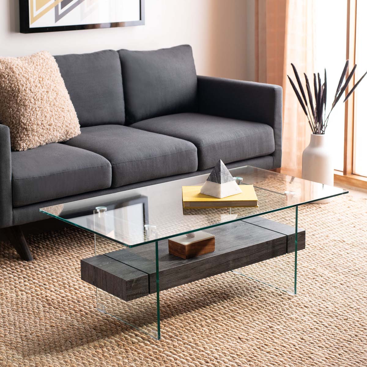 safavieh kayley glass coffee table, cof7004 - Glass / Black Oak Wood Shelf