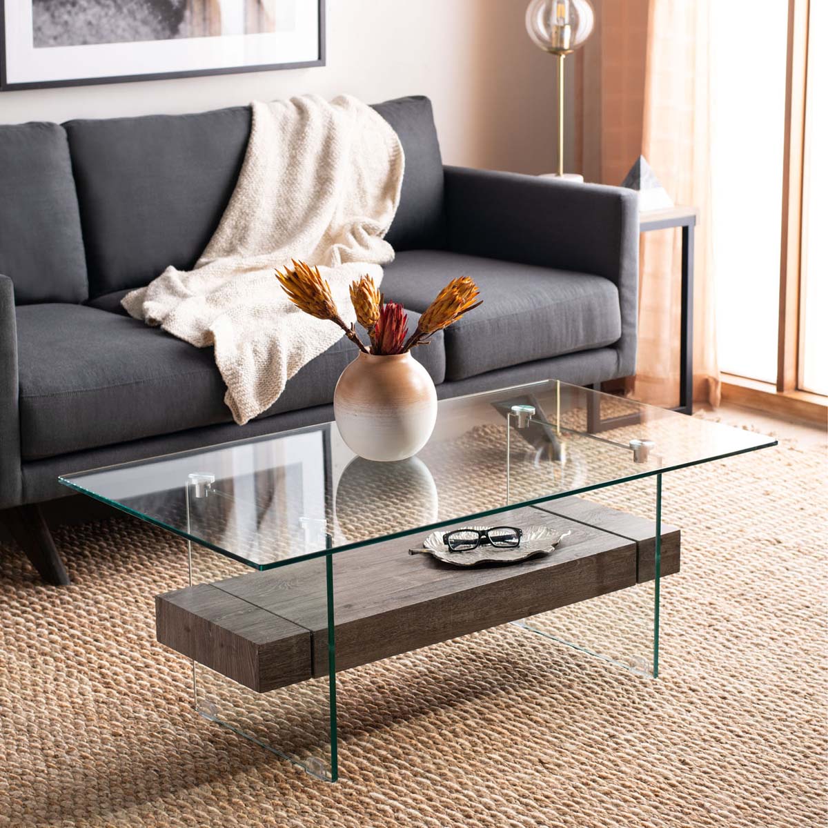 safavieh kayley glass coffee table, cof7004 - Glass / Grey Oak Wood Shelf