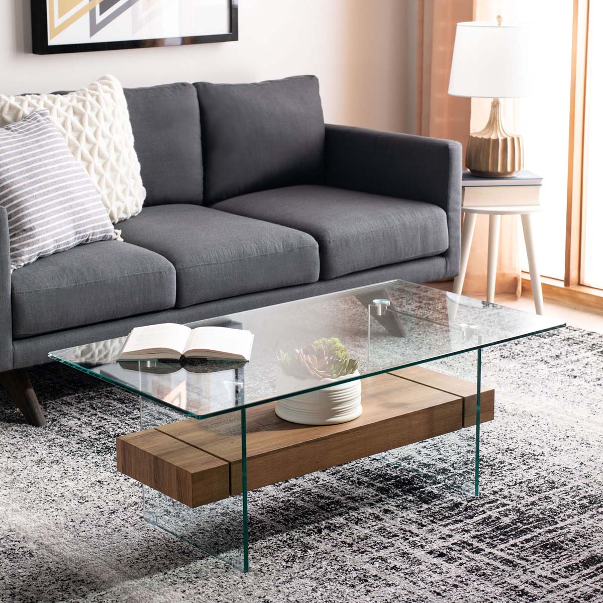 safavieh kayley glass coffee table, cof7004 - Glass / Natural Brown Wood Shelf