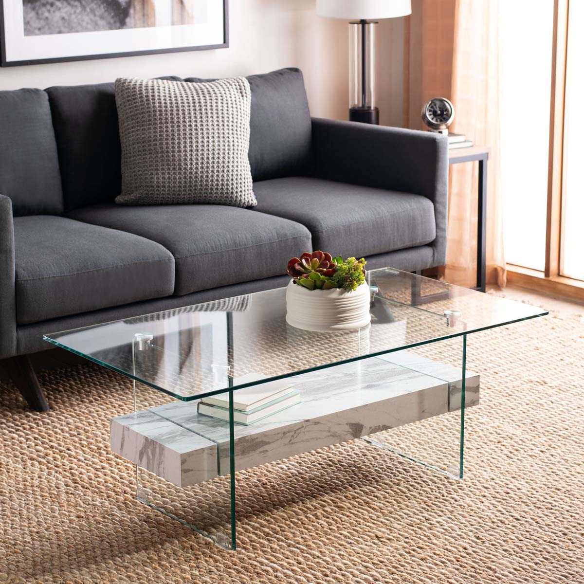 safavieh kayley glass coffee table, cof7004 - Glass / Faux White Marble