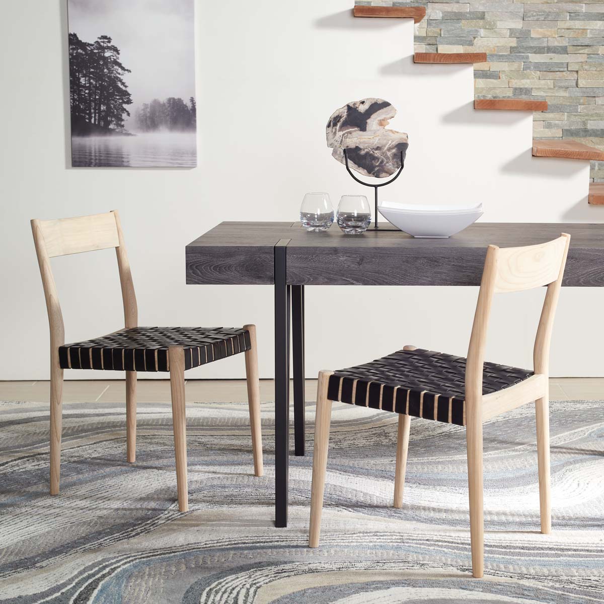 Safavieh Eluned Leather Dining Chair , DCH1201 - Black / Natural (Set of 2)