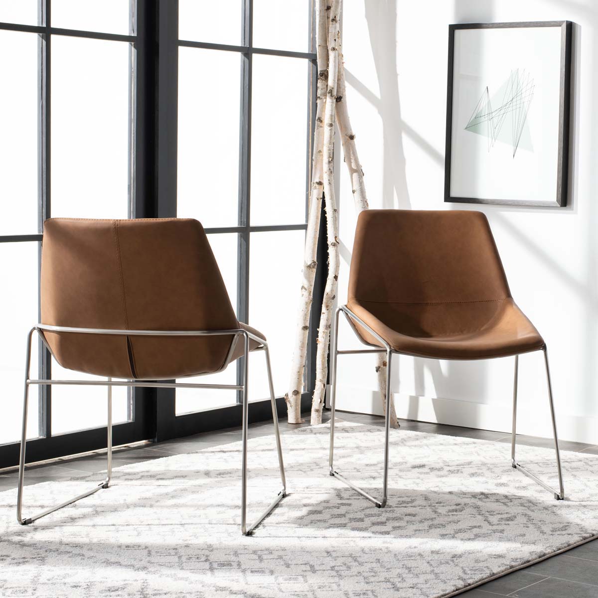 Safavieh Alexis Mid Century Dining Chair (Set of 2), DCH3000 - Cigar Brown Pu/Silver