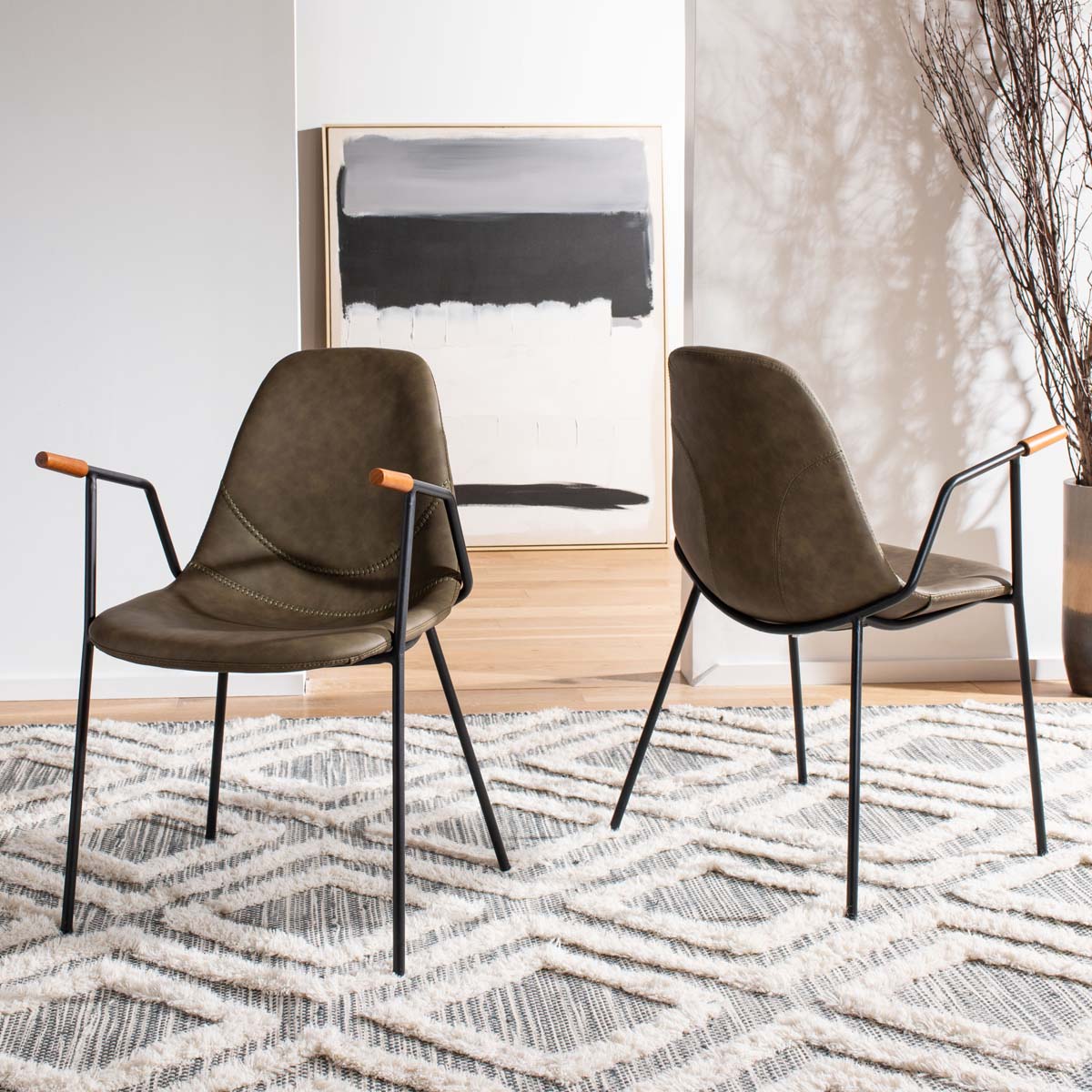 Safavieh Tanner Mid Century Dining Chair, DCH3001 - Olive Pu/Black (Set of 2)