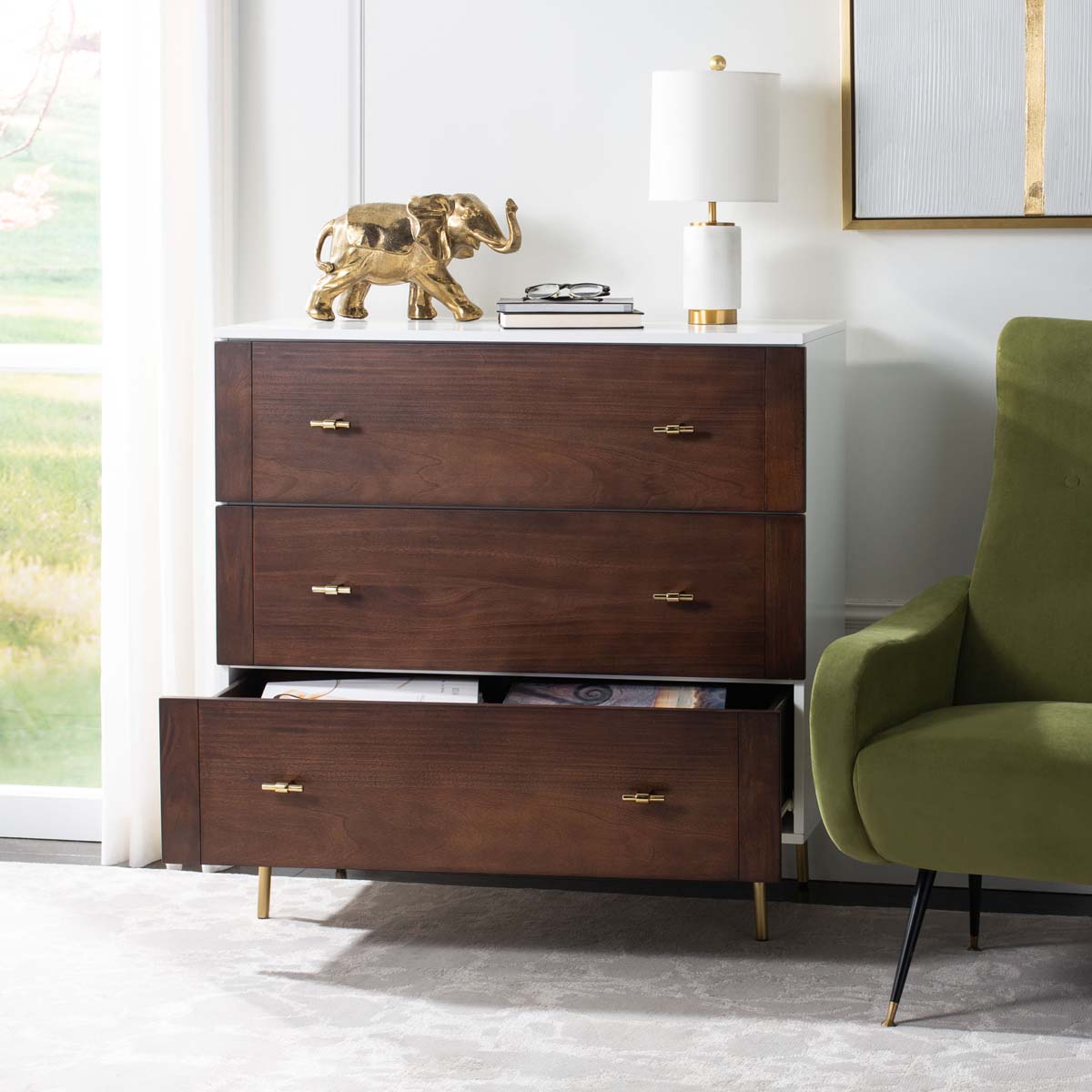 Safavieh Genevieve 3 Drawer Dresser , DRS5000 - White/Walnut/Gold