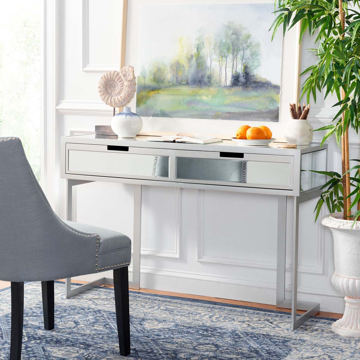 Safavieh Enzo 2 Drawer Mirrored Desk , DSK9700 - Silver / Mirror