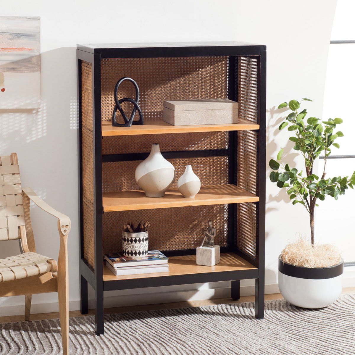 Safavieh Franz 3 Shelf Cane Back Etagere , ETG2103 - Black/Light Natural
