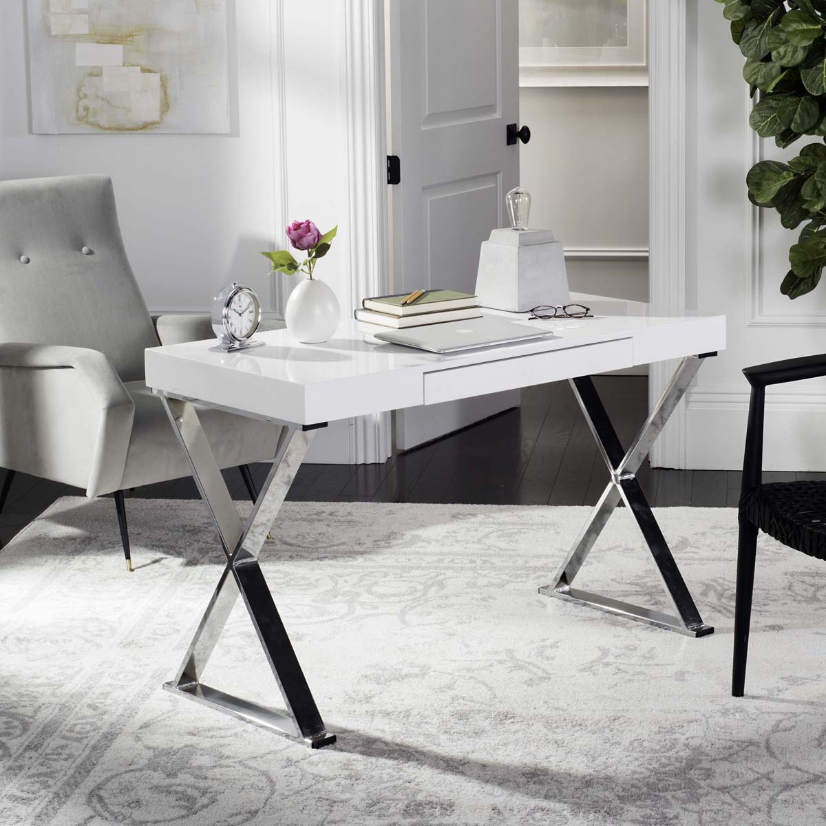 Safavieh Paley 47''W One Drawer Lacquer & Chrome Desk , FOX2223 - White