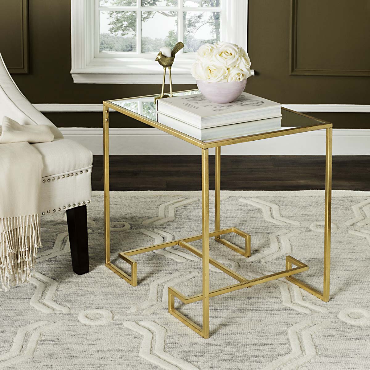 Safavieh Seamus Gold Leaf Greek Key Accent Table , FOX2583 - Gold/Mirror