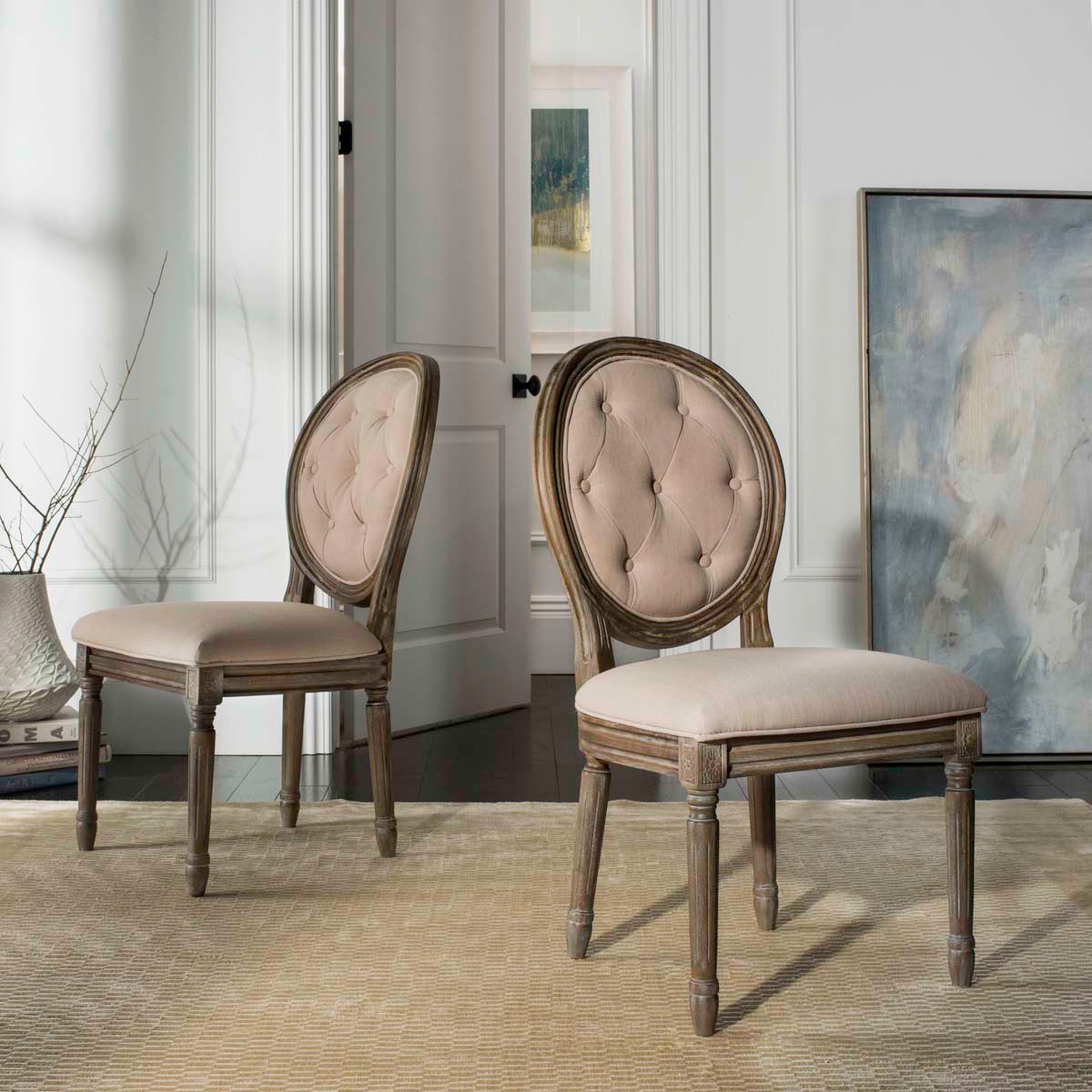 Safavieh Holloway Tufted Oval Side Chair, FOX6235 - Beige/Rustic Oak (Set of 2)