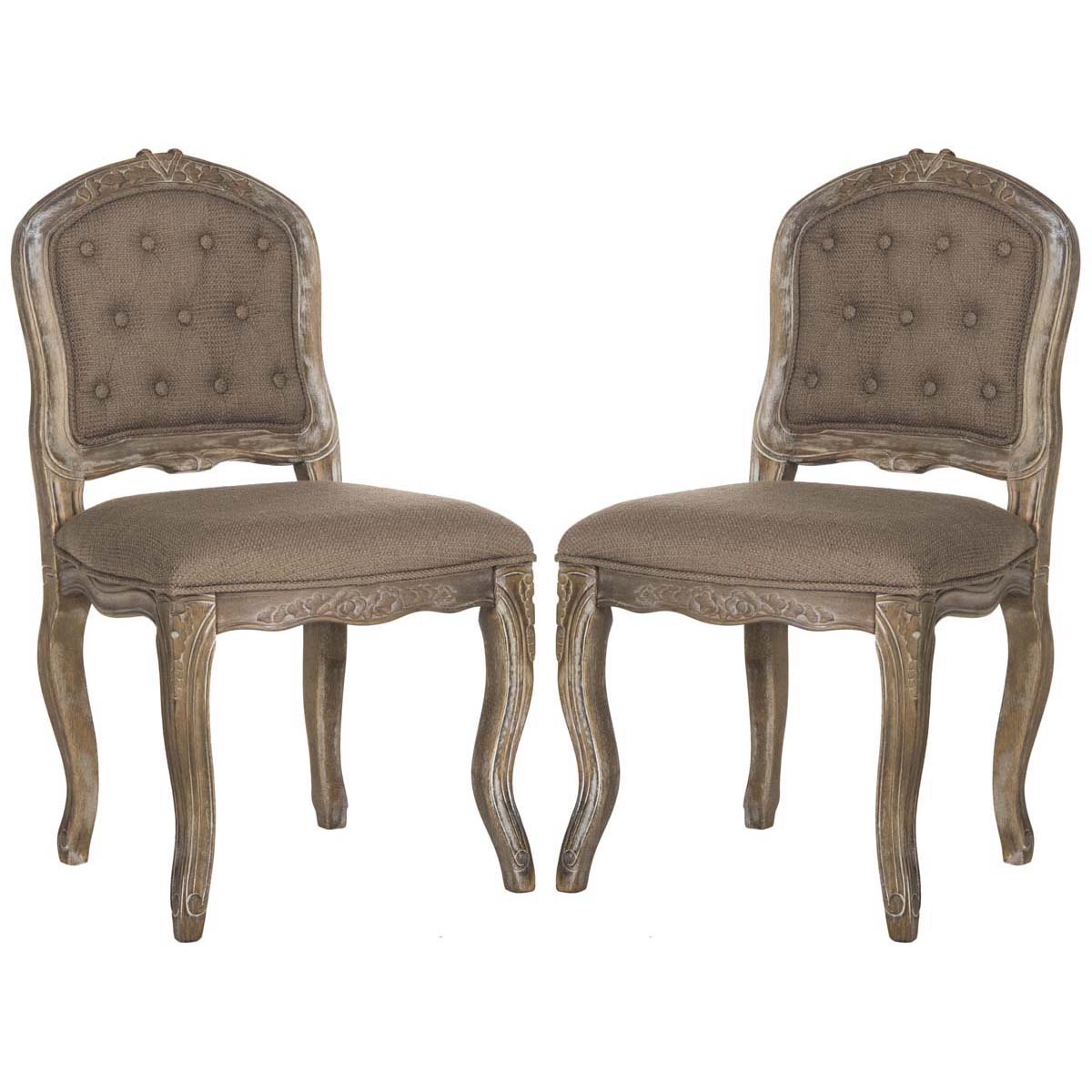 Safavieh Eloise 20''H French Leg Dining Chair, FOX6264 - Dark Brown Linen/Rustic Oak (Set of 2)