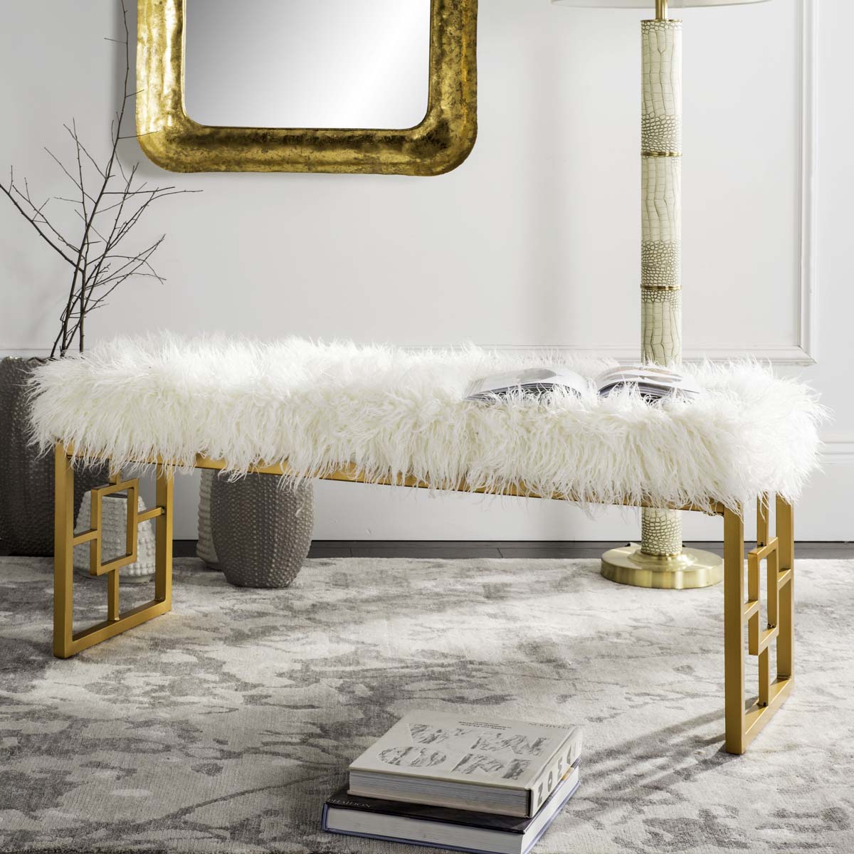 Safavieh Mera Faux Sheepskin Bench , FOX6291 - White Faux/Gold Liquid